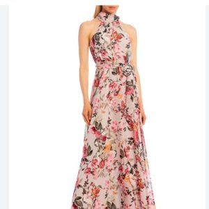 Eliza J Halter Mock Neck Floral Print Chiffon Tie Belt-Size 2